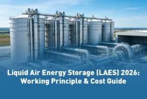 A grid-scale liquid air energy storage (LAES) facility showcasing cryogenic energy storage tanks for long-duration power backup.