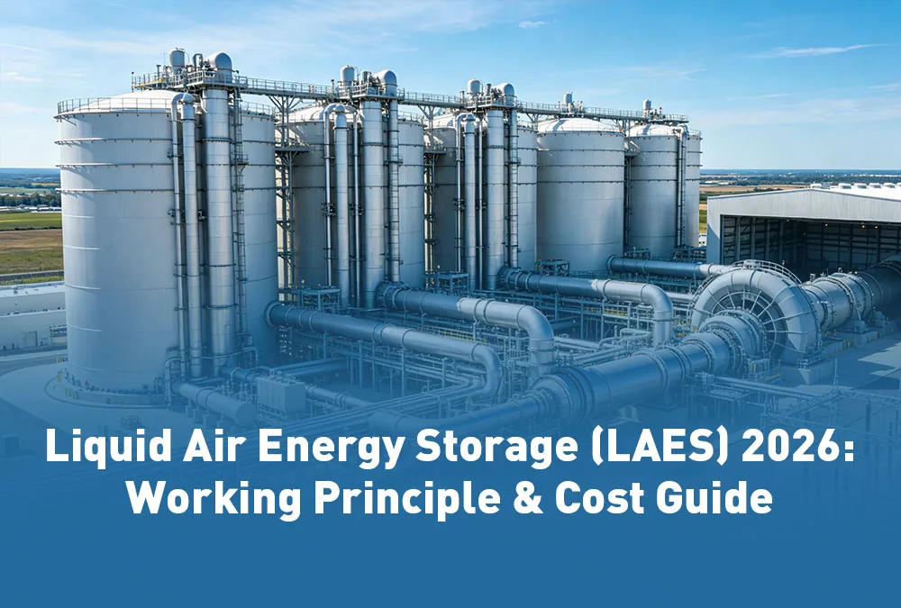 A grid-scale liquid air energy storage (LAES) facility showcasing cryogenic energy storage tanks for long-duration power backup.