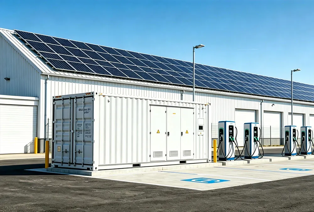 Integrated solar farm battery storage and EV charging infrastructure for commercial and industrial applications.