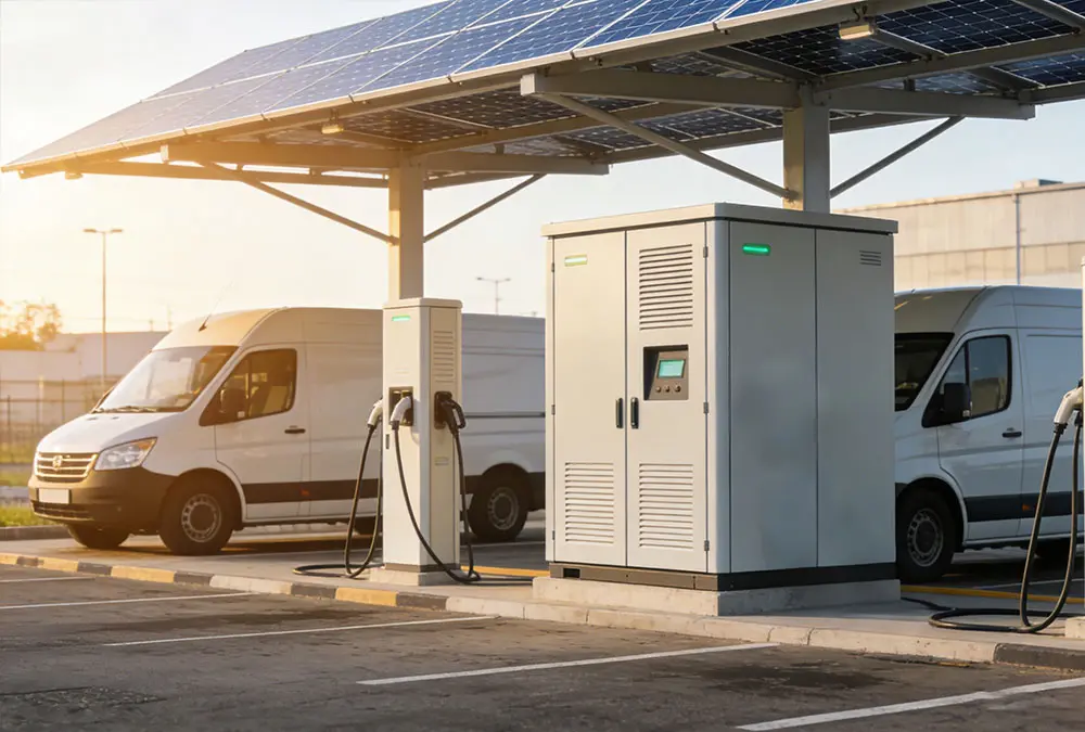 Solar plus battery storage system for commercial buildings integrated with EV charging infrastructure.