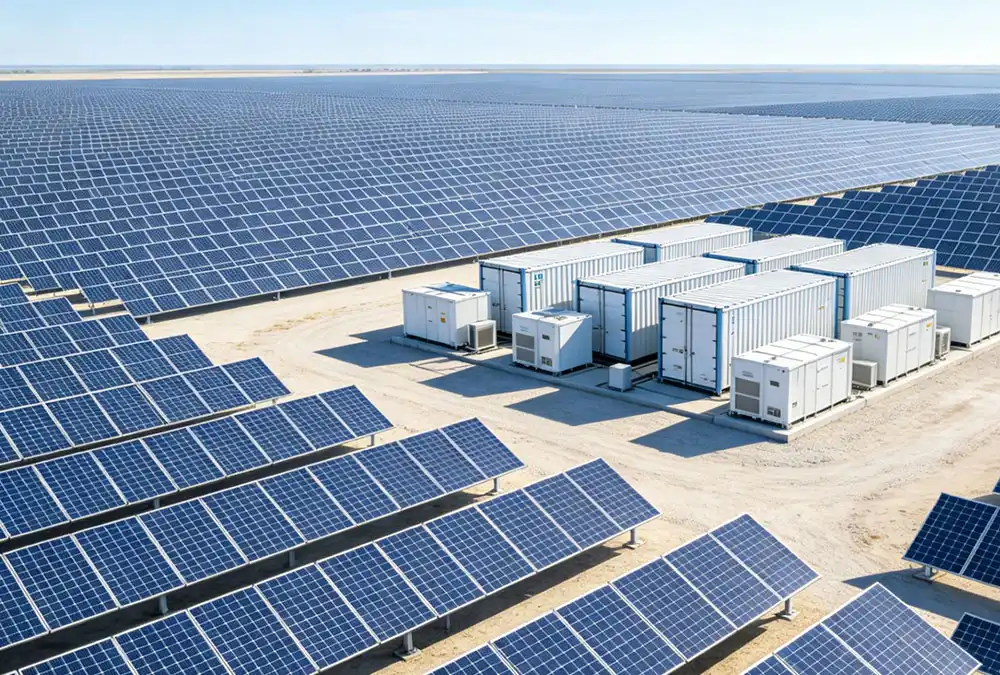 Renewable energy storage solutions featuring utility-scale BESS integrated with a large-scale solar farm for energy dispatch flexibility.