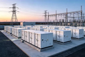 A vast grid-scale battery storage system providing power grid stability and large-scale energy storage solutions.