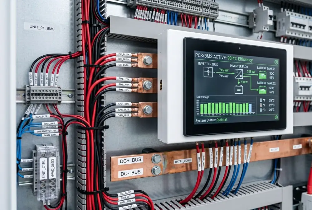 Technical components of a 100kW commercial solar and battery storage solution, including PCS, BMS, and smart energy management display.