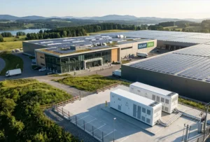 A professional installation of 100kW solar battery storage for factories and commercial buildings, featuring rooftop PV and BESS cabinets.