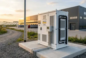 A professional 100kW liquid-cooled battery energy storage system installed at a European industrial site with rooftop solar panels.