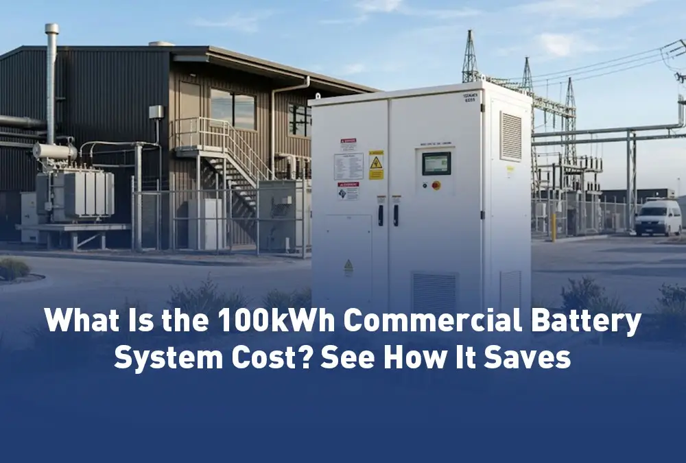A turnkey 100kWh commercial battery system installed on a concrete pad at an industrial site.
