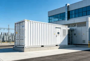 A commercial behind the meter battery storage system providing peak shaving and lowering demand charges.