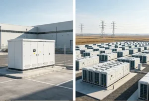 A visual comparison of behind the meter and front of the meter battery storage systems showing commercial vs utility installations.
