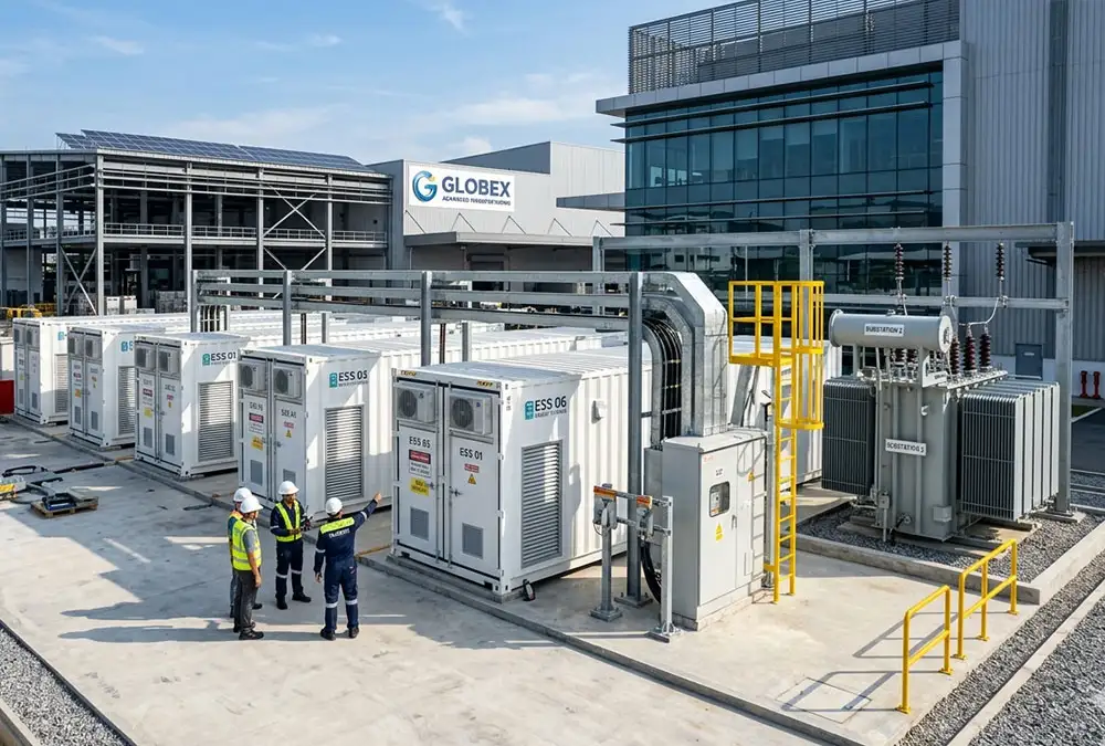 A high-capacity BESS installation demonstrating how commercial energy storage saves money for factories.