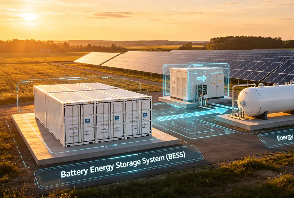 A professional comparison of ESS vs BESS showing a battery energy storage system for EV charging stations and a large scale energy storage system for the grid.