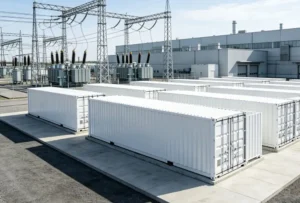 A large scale grid connected battery energy storage system (BESS) installed at an industrial facility for peak shaving and grid support.
