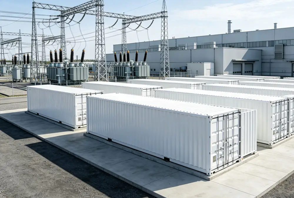 A large scale grid connected battery energy storage system (BESS) installed at an industrial facility for peak shaving and grid support.