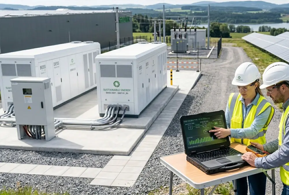 Engineering team performing 100kW solar battery storage system design and installation guide procedures on-site.