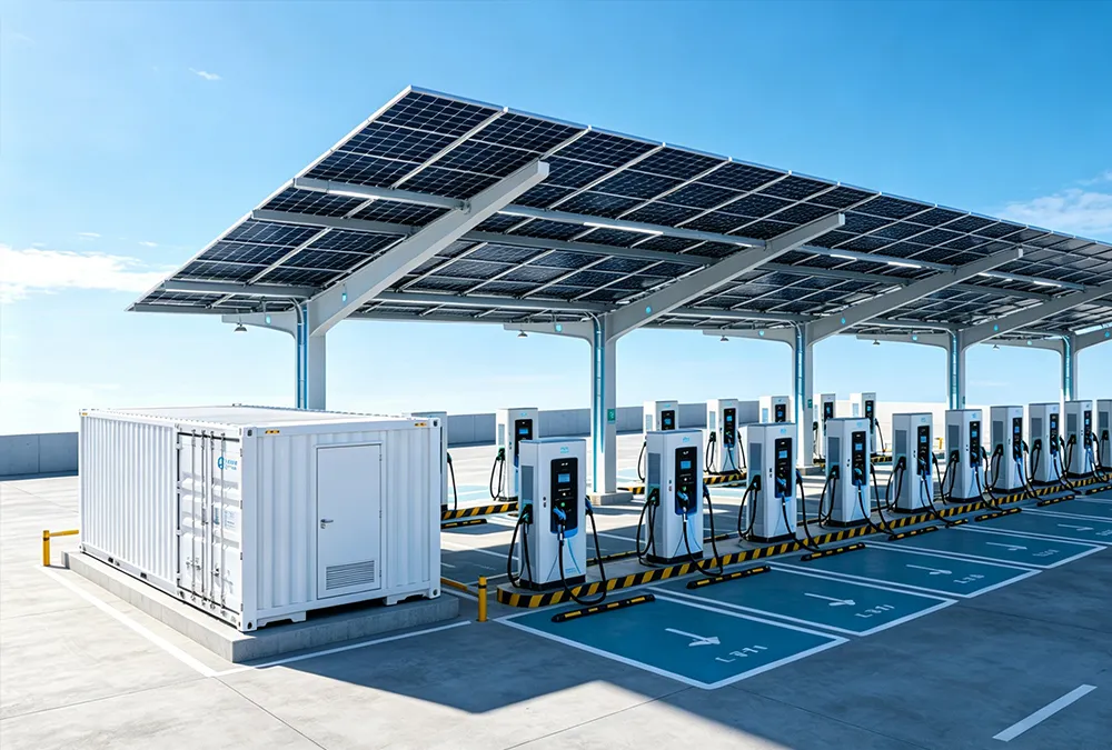 Integrated solar-plus-storage EV charging station featuring BESS and smart energy management system.