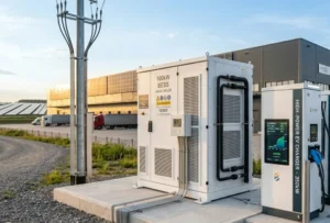 A 215kWh liquid cooling energy storage system cabinet installed at a commercial industrial site.
