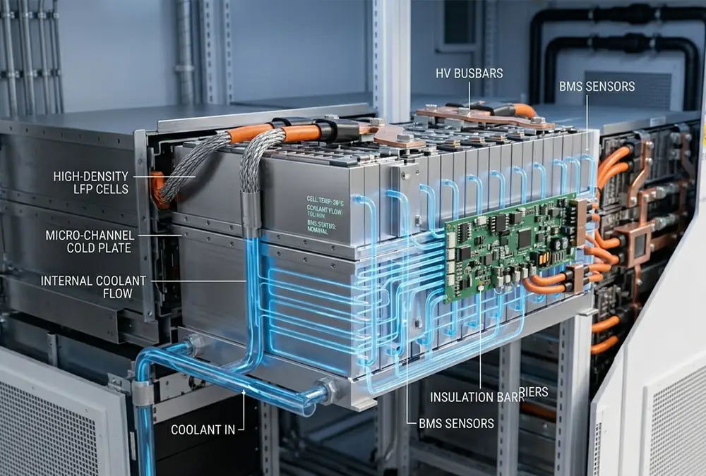 Precision liquid cooling cold plate technology within a container energy storage system for optimal thermal management.