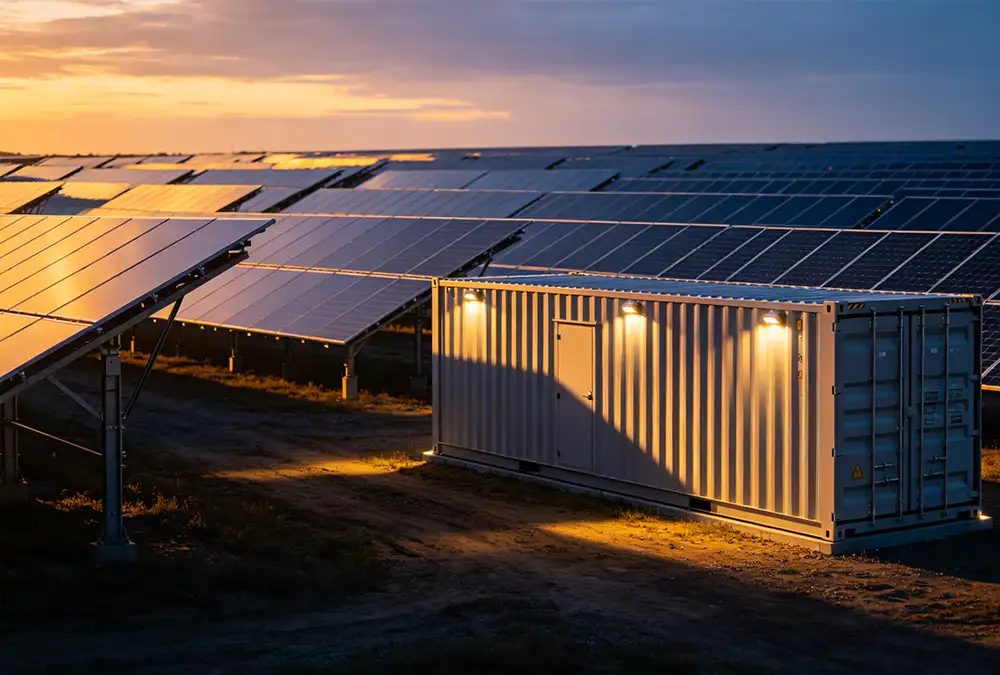A fully integrated solar and battery storage plant designed for renewable energy shifting.