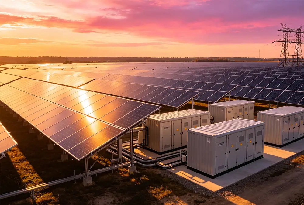 Utility scale grid connected battery energy storage systems integrated with a solar farm for renewable energy time-shifting.