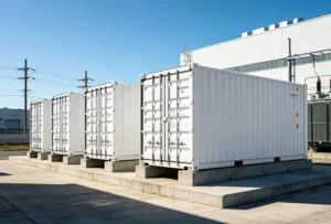 A large scale stationary battery storage system installed outside a factory for industrial energy management.