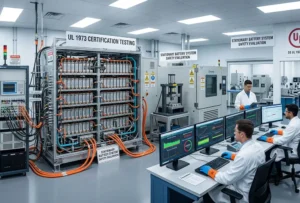 Laboratory testing for UL 1973 certification for battery energy storage systems focusing on thermal and electrical safety.