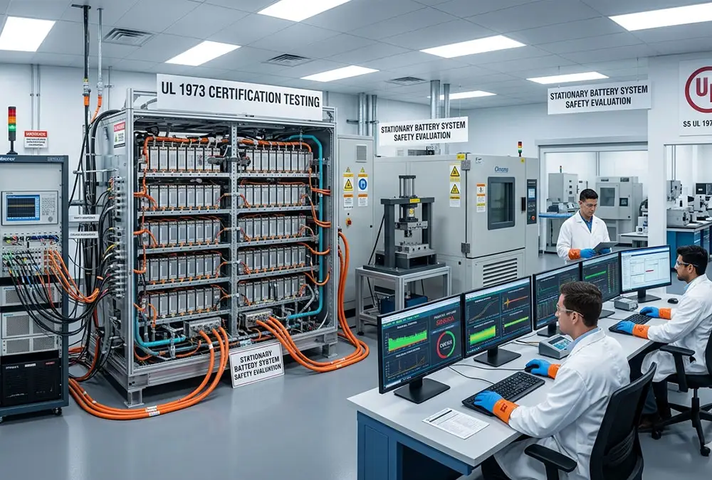 Laboratory testing for UL 1973 certification for battery energy storage systems focusing on thermal and electrical safety.