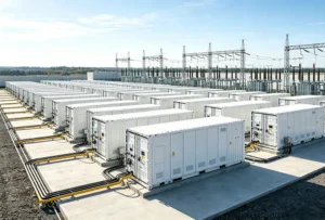 A massive utility-scale battery storage plant optimizing regional grid stability.