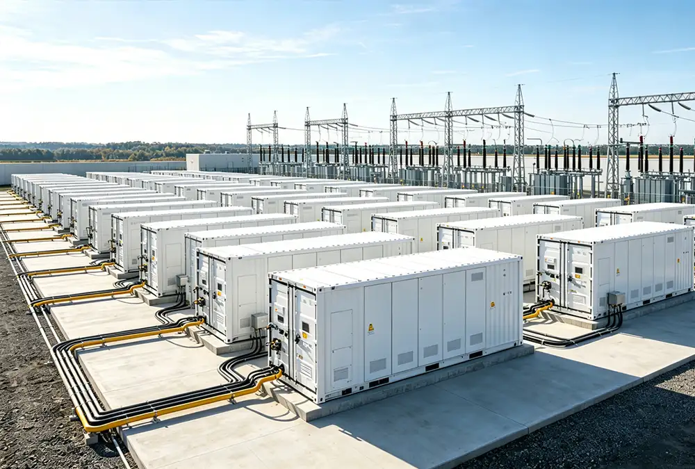 A massive utility-scale battery storage plant optimizing regional grid stability.