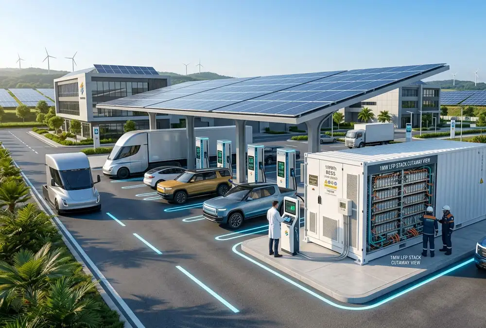 1MW battery storage system supporting commercial EV charging infrastructure and load balancing.