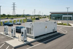 A 1MW Battery Storage for EV Charging Stations container installed alongside highway high-power DC fast charging dispensers for peak demand reduction.