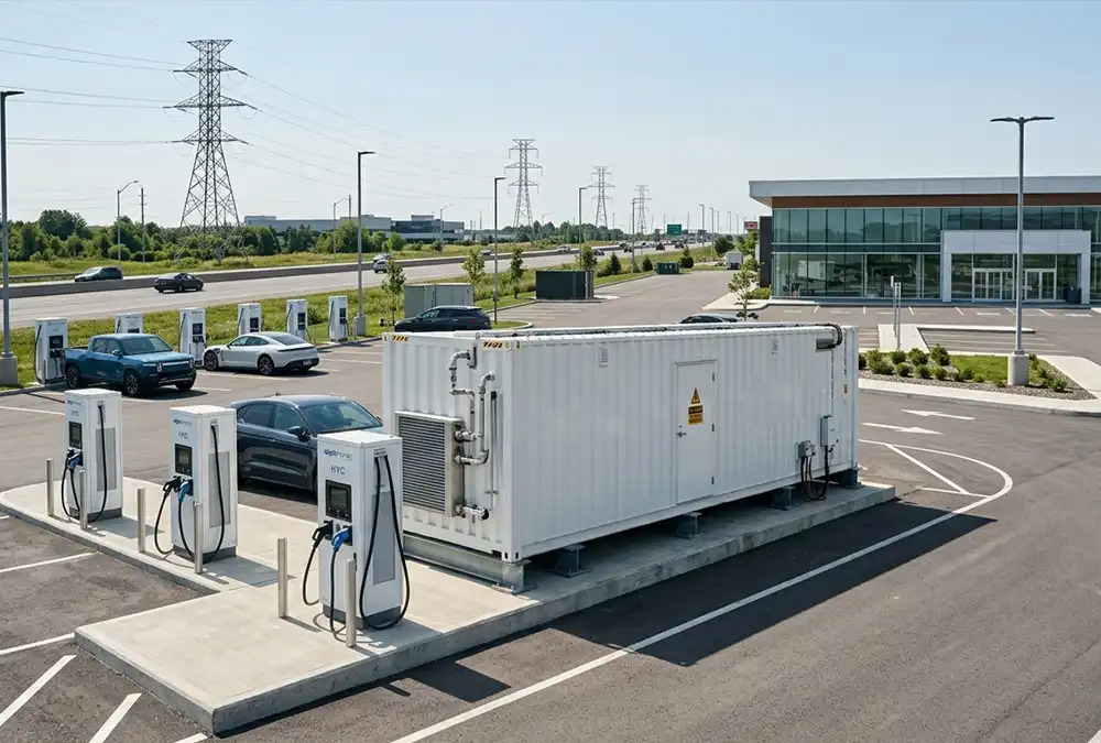 A 1MW Battery Storage for EV Charging Stations container installed alongside highway high-power DC fast charging dispensers for peak demand reduction.