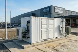A 1MW Battery Storage for Industrial Manufacturing system container installed outside a large manufacturing facility for peak demand reduction.