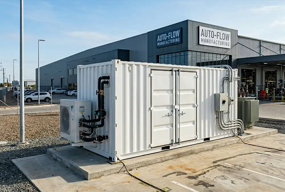 A 1MW Battery Storage for Industrial Manufacturing system container installed outside a large manufacturing facility for peak demand reduction.