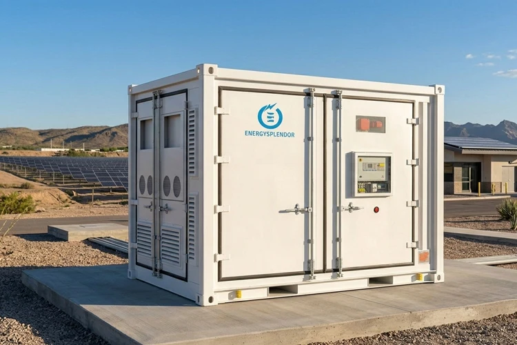 1MWh battery energy storage system installed beside a solar PV farm on open land for renewable energy storage and peak shaving applications.