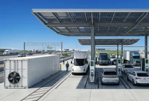 A utility-scale 2MW battery storage system deployed at a highway DC fast charging station for peak shaving and load management.