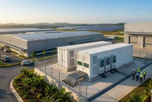 A utility-scale 2MW containerized battery energy storage system installed at an industrial manufacturing plant for peak shaving.