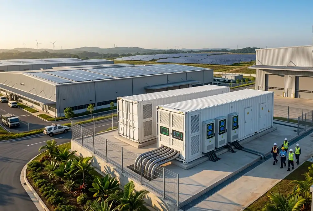 A utility-scale 2MW containerized battery energy storage system installed at an industrial manufacturing plant for peak shaving.