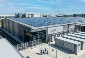 A commercial factory utilizing the benefits of solar battery storage with rooftop solar panels and outdoor BESS enclosures.