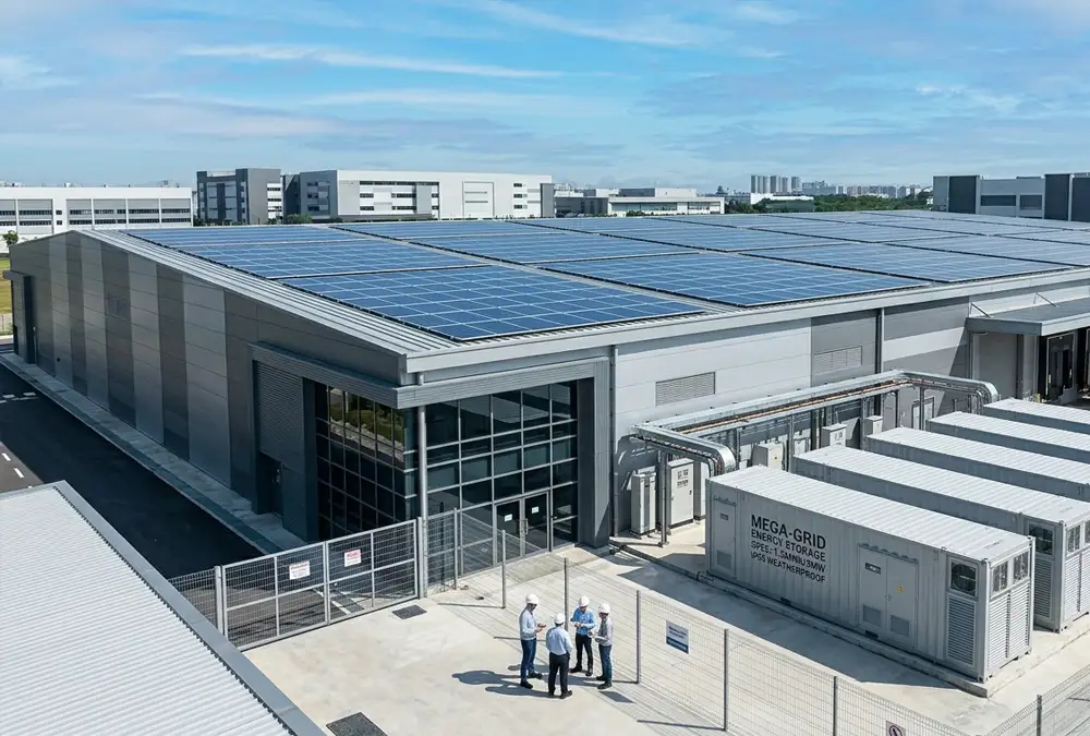 A commercial factory utilizing the benefits of solar battery storage with rooftop solar panels and outdoor BESS enclosures.