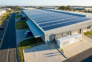 Large-scale commercial and industrial solar battery storage installation featuring rooftop solar PV panels and outdoor battery container.