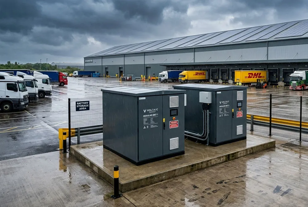 Weatherproof commercial battery storage price-efficient modules deployed at a warehouse facility for time-of-use load shifting.