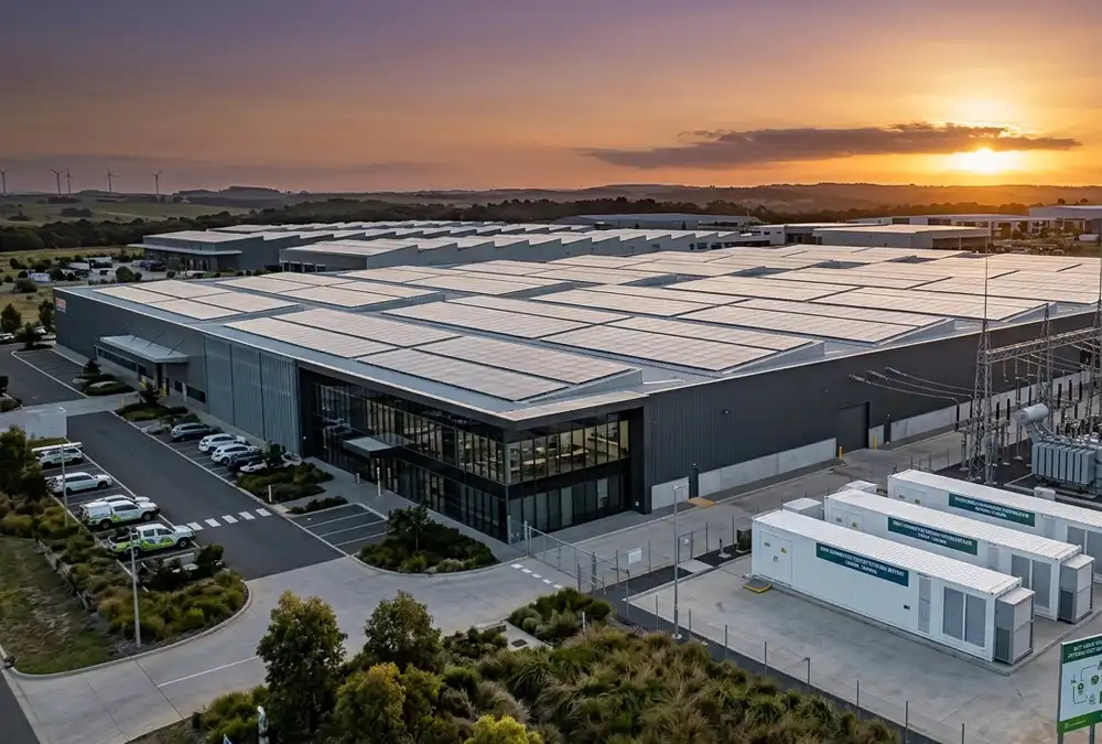A commercial energy storage system container integrated with rooftop solar panels to create an industrial microgrid network.