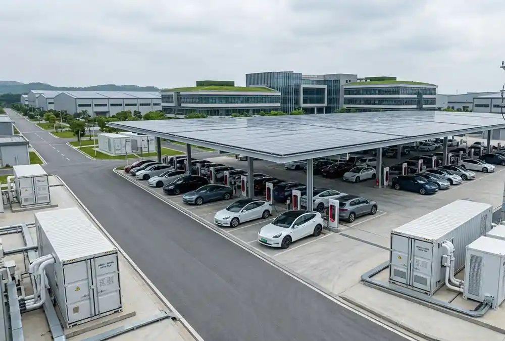 An integrated commercial EV charging infrastructure setup running on solar power microgrid systems at a corporate premises.