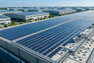 A massive commercial rooftop solar installation with high-efficiency PV panels on a modern logistics warehouse.