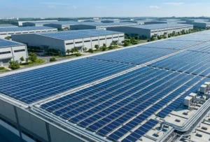 A massive commercial rooftop solar installation with high-efficiency PV panels on a modern logistics warehouse.