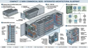 Key components of a commercial solar battery storage system showing BESS racks and power conversion system