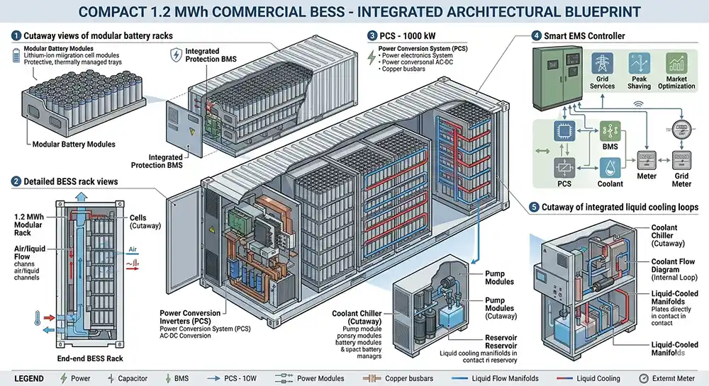 Key components of a commercial solar battery storage system showing BESS racks and power conversion system