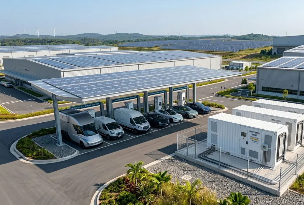 Turnkey Solar EPC integrated commercial solar canopy with BESS containers and DC fast EV charging infrastructure