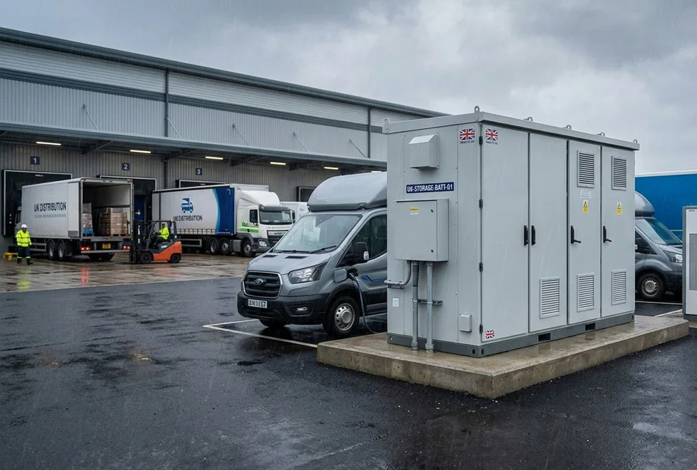Weatherproof commercial solar storage batteries for sale integrated with EV charging infrastructure at a logistics hub.