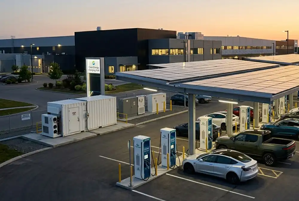 An industrial 1MW/2MWh Containerized Battery Storage System integrated with a solar array and vehicle charging dispensers.