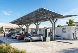 A modern containerized battery energy storage system integrated with a DC fast charging station under a solar canopy roof for commercial load balancing.